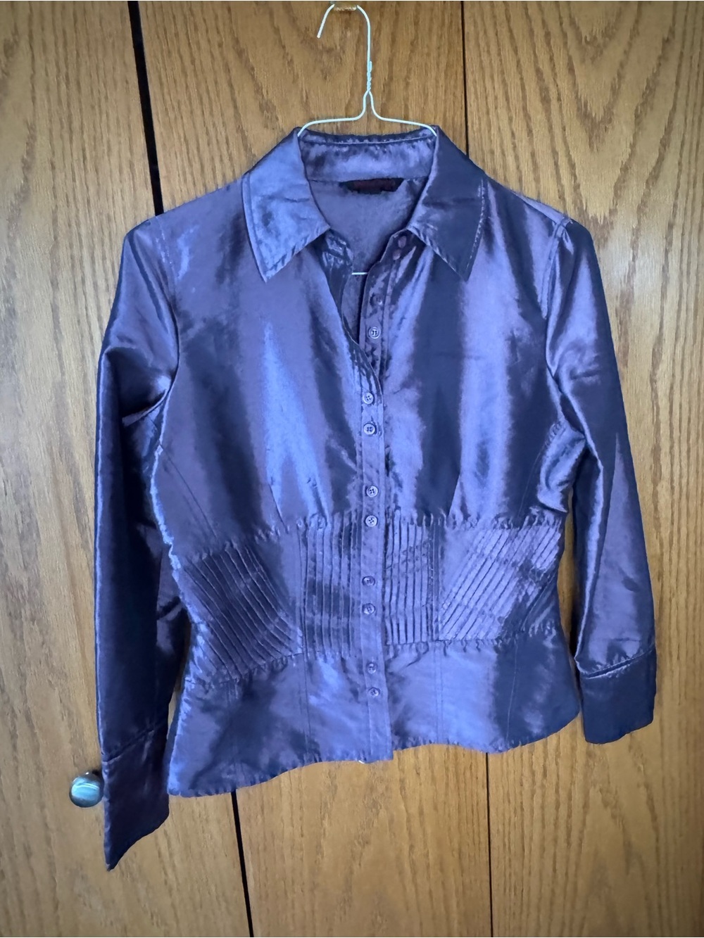 Simon Chang Satin Button-Front Shirt in Shimmering Purple
